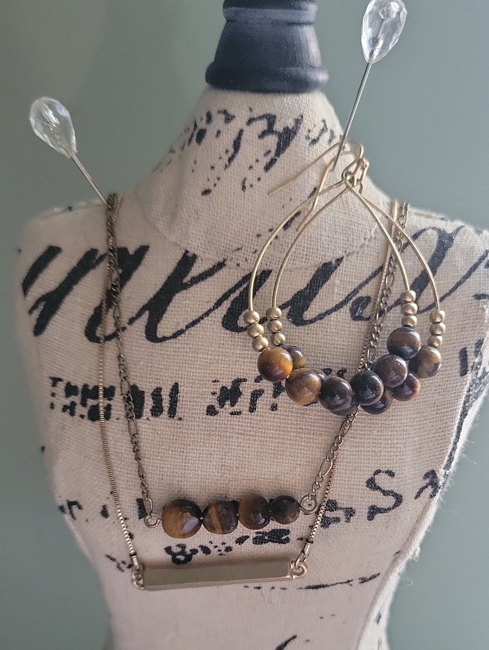 Gold-Tone Tiger Eye Bead Necklace and Hoop Earrings Set